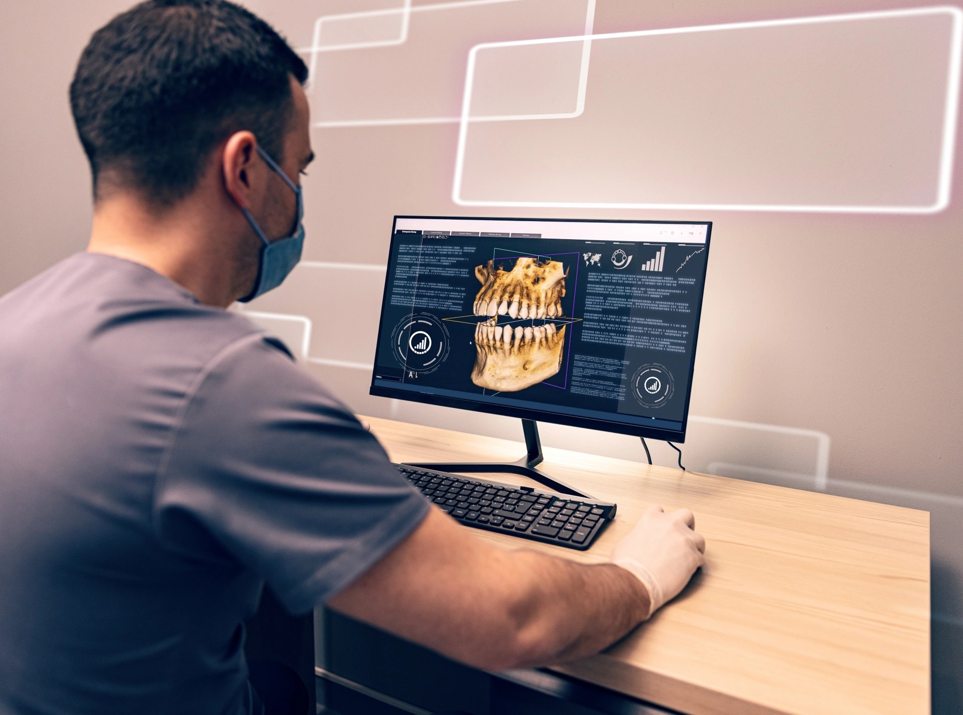 Oral surgeon reviewing a 3D dental scan to plan dental implant treatment and evaluate jawbone health. 