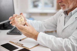 Oral surgeon using a dental model to explain implant-supported overdenture treatment to a patient.